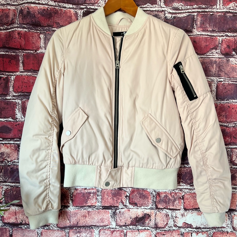 7 For All Mankind Dusty Pale Pink Satin Bomber Jacket Drawstring Back XS